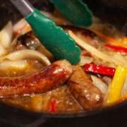 Beer Braised Brats, Onions and Peppers