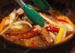 Beer Braised Brats, Onions and Peppers