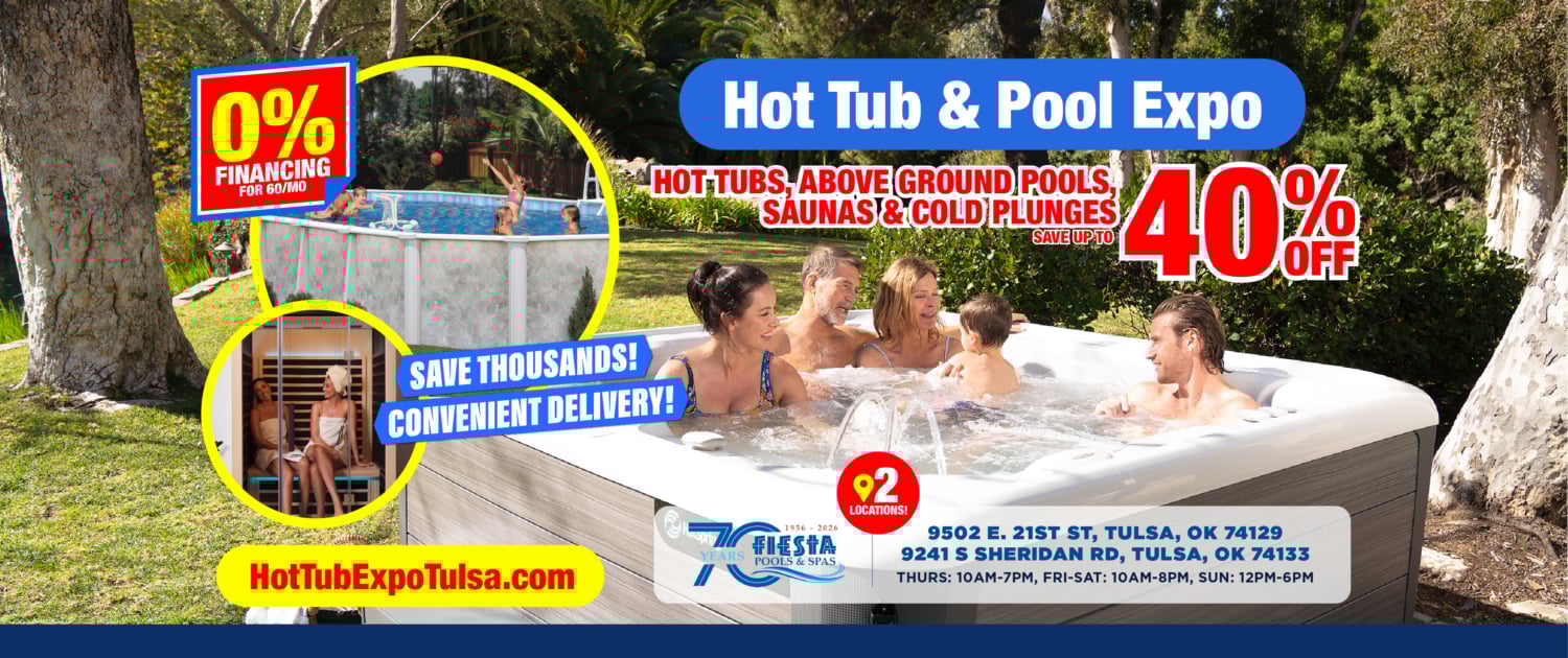 Advertisement banner for HotTub Expo Tulsa showing a backyard hot tub with people relaxing, bold red offer text and a blue header reading 'Hot Tub & Pool Expo'.